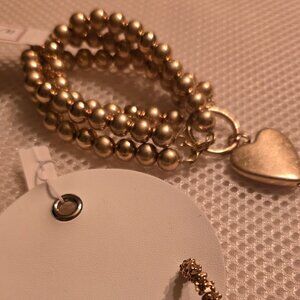 2 piece, multi-strand gold bead bracelet , with 3 pairs gold hoops